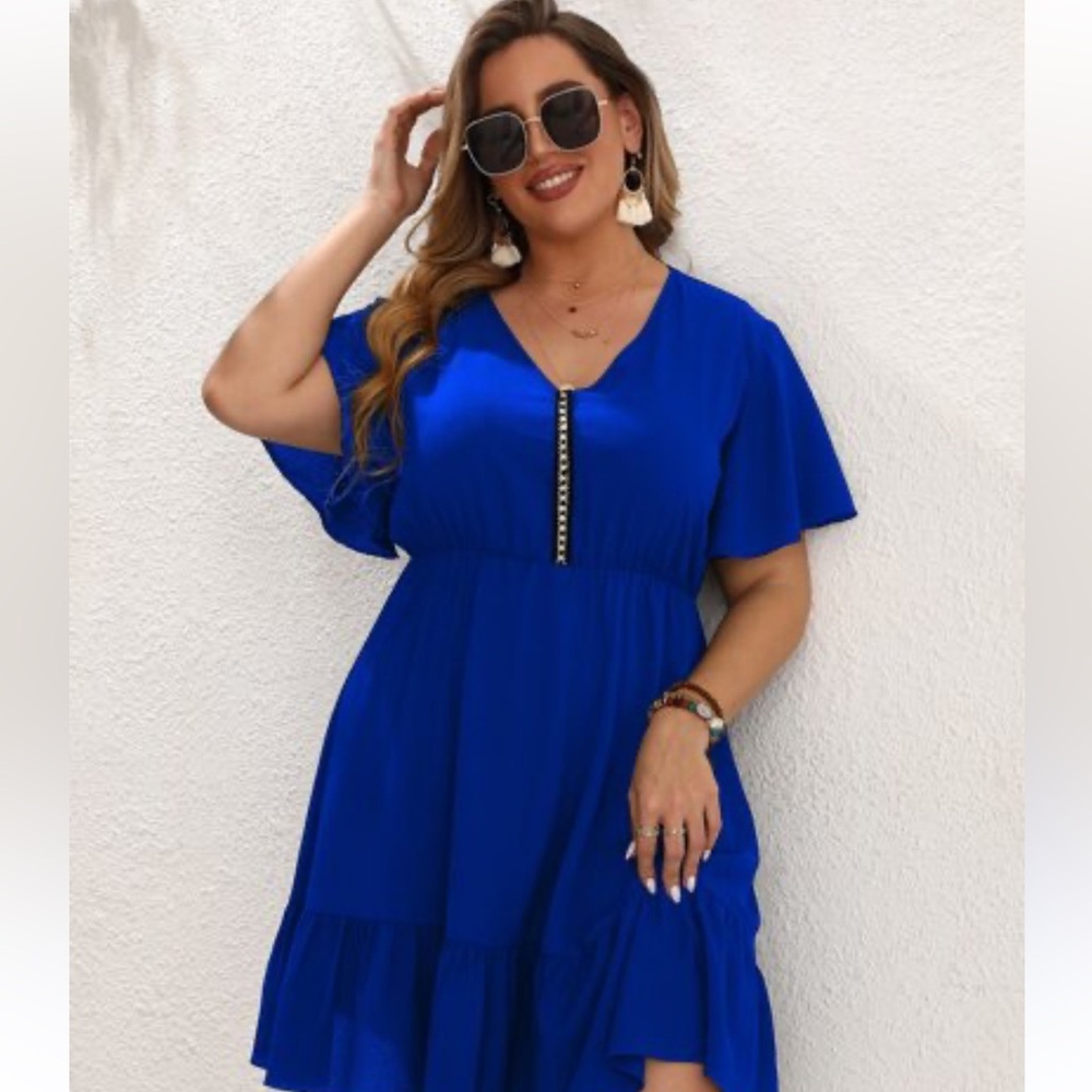 Flutter Sleeve Ruffle Hem Dress- 1XL Blue Shein